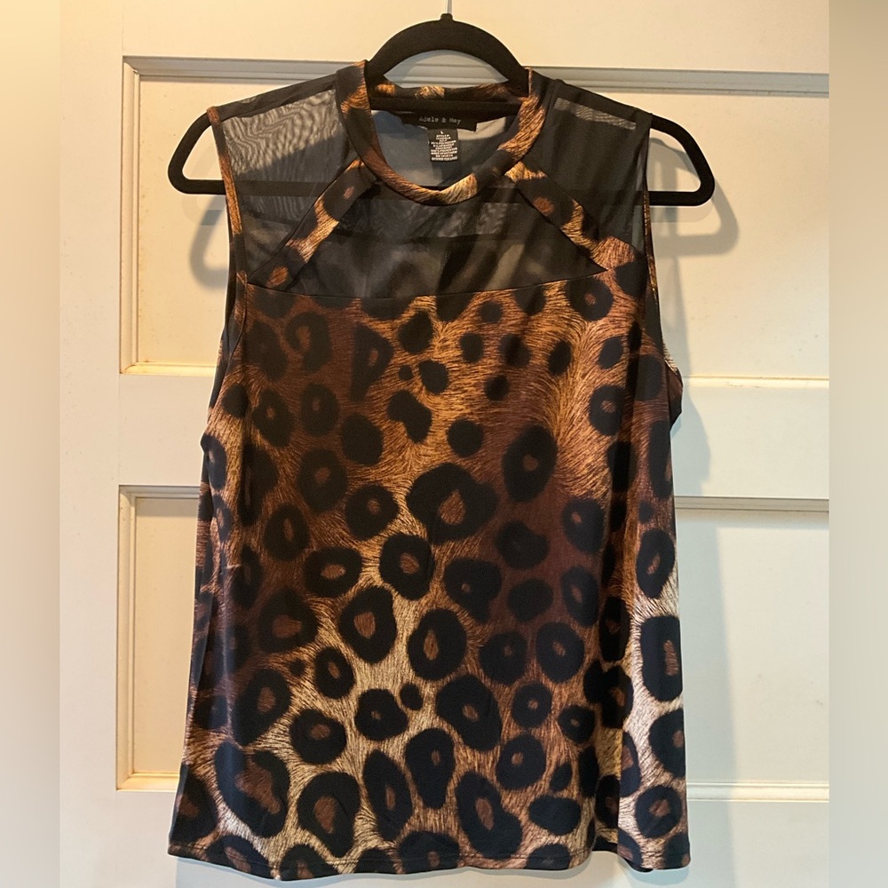 Adele & May Leopard Print Sleeveless Blouse Sheer Mesh Yoke Size Large